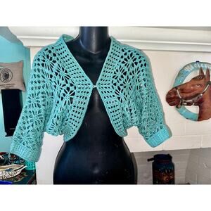 VINTAGE BOHO TURQUOISE COTTAGECORE CROCHET CROP CARDIGAN BOLERO S